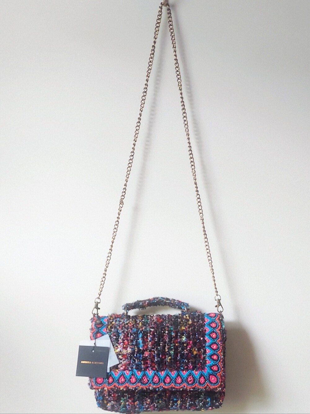 America & Beyond Black and Multi Color Tweed Handbag